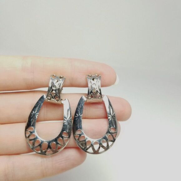 Vintage Silver Tone Door Knocker Style Stud Earrings, Cut Out Design, Estate - Picture 6 of 6